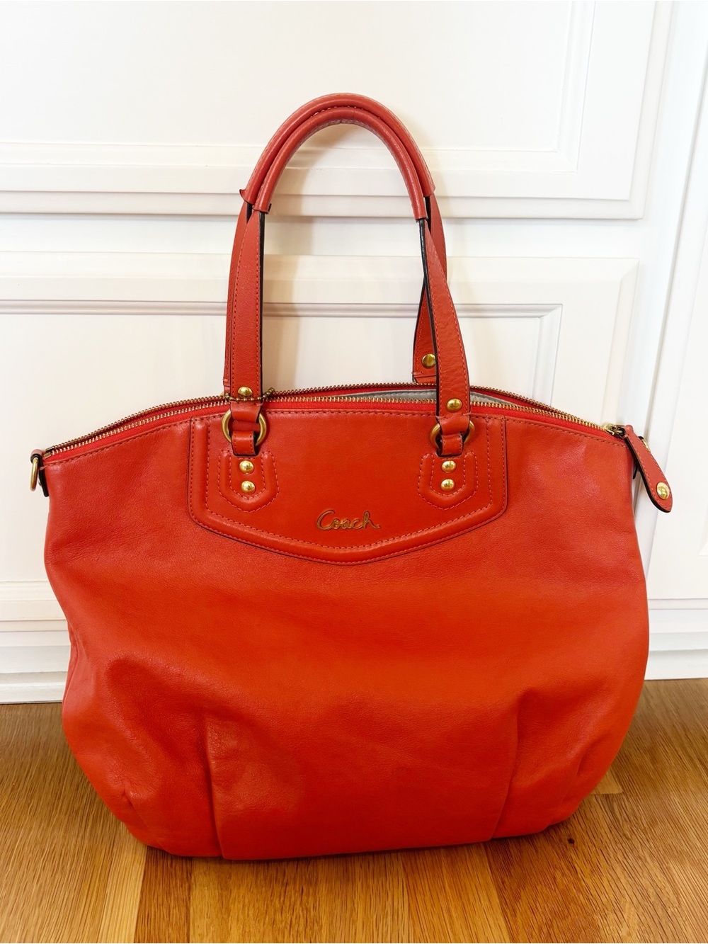 Coach Orange-Red Leather Tote with Gold Hardware - authentic